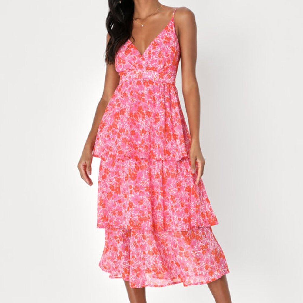 Lulu's Adorable Obsession Pink Floral Print Lurex Tiered Midi Dress NWOT